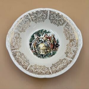 Vintage Cronin China 9” Serving Bowl Courting Couple Gold Trim